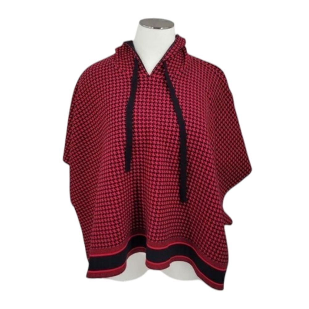 Gabby Isabella Viscose Blend Red Black Houndstooth Hooded Poncho One Size